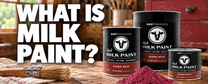 Text asking 'WHAT IS MILK PAINT?' next to cans of Real Milk Paint and red pigment powder.