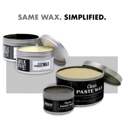 Product transition graphic for RMP Finishes. Visual shows the discontinued 'Real Milk Paint Co. Clear Carnauba Wax' and 'Real Milk Paint Co. Good O'l Brown Wax' cans merging into the new 'RMP Finishes Paste Wax' packaging. Text overlay reads: Same Wax. Simplified.