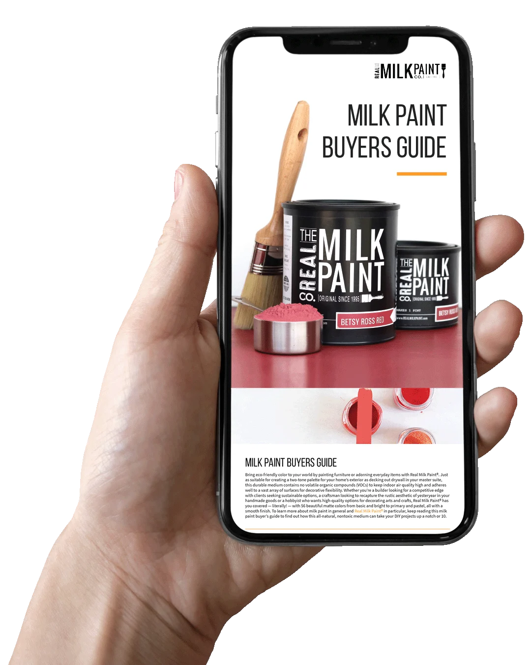 MilkPaint_BuyersGuide_iPhone_1080x1350_2 image of a person holding a phone with the graphic of the milk paint buyers guide