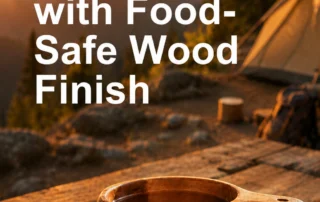 Traditional wooden kuksa cup with a cozy outdoor campsite in the background.