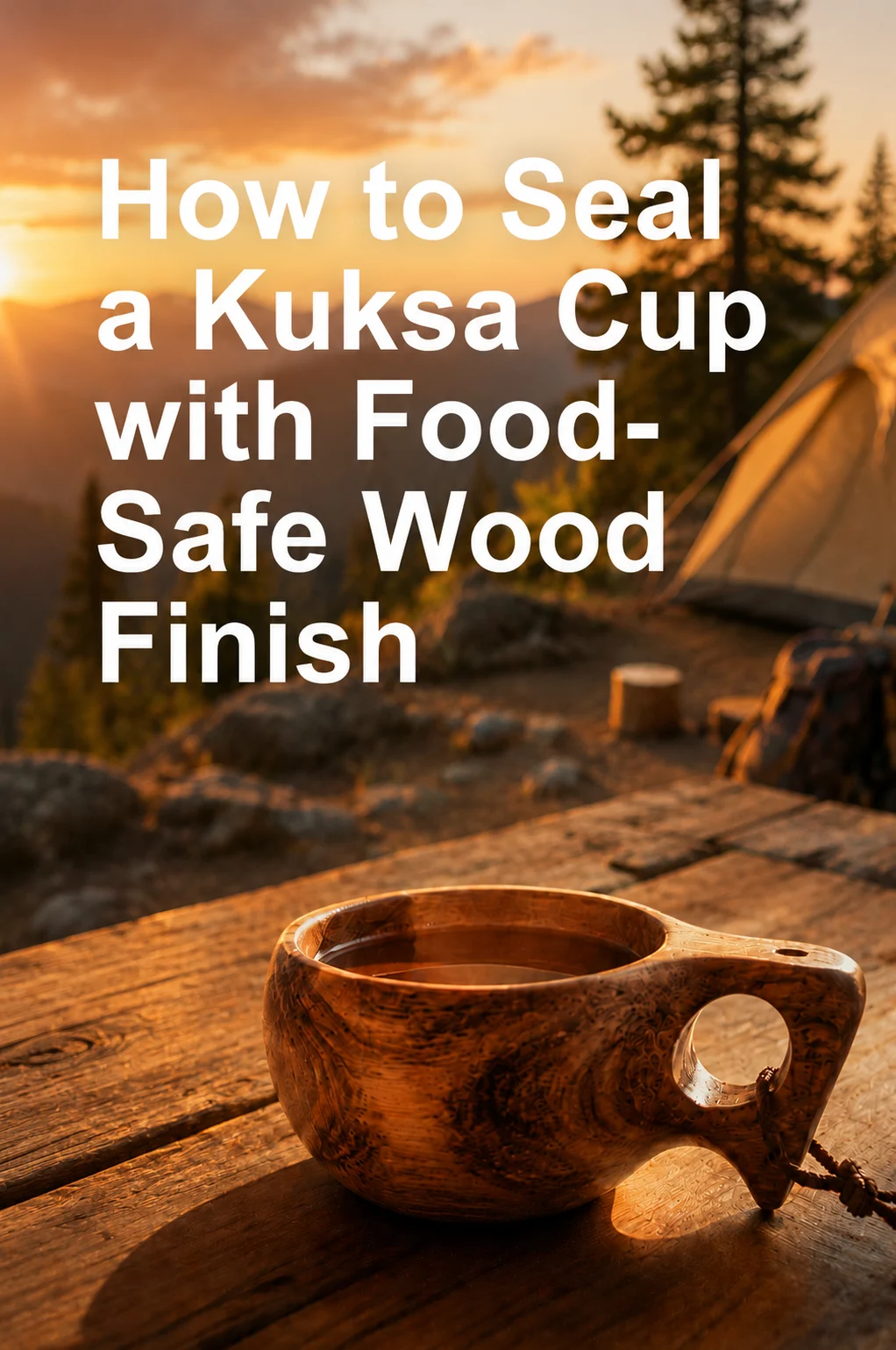 Traditional wooden kuksa cup with a cozy outdoor campsite in the background.