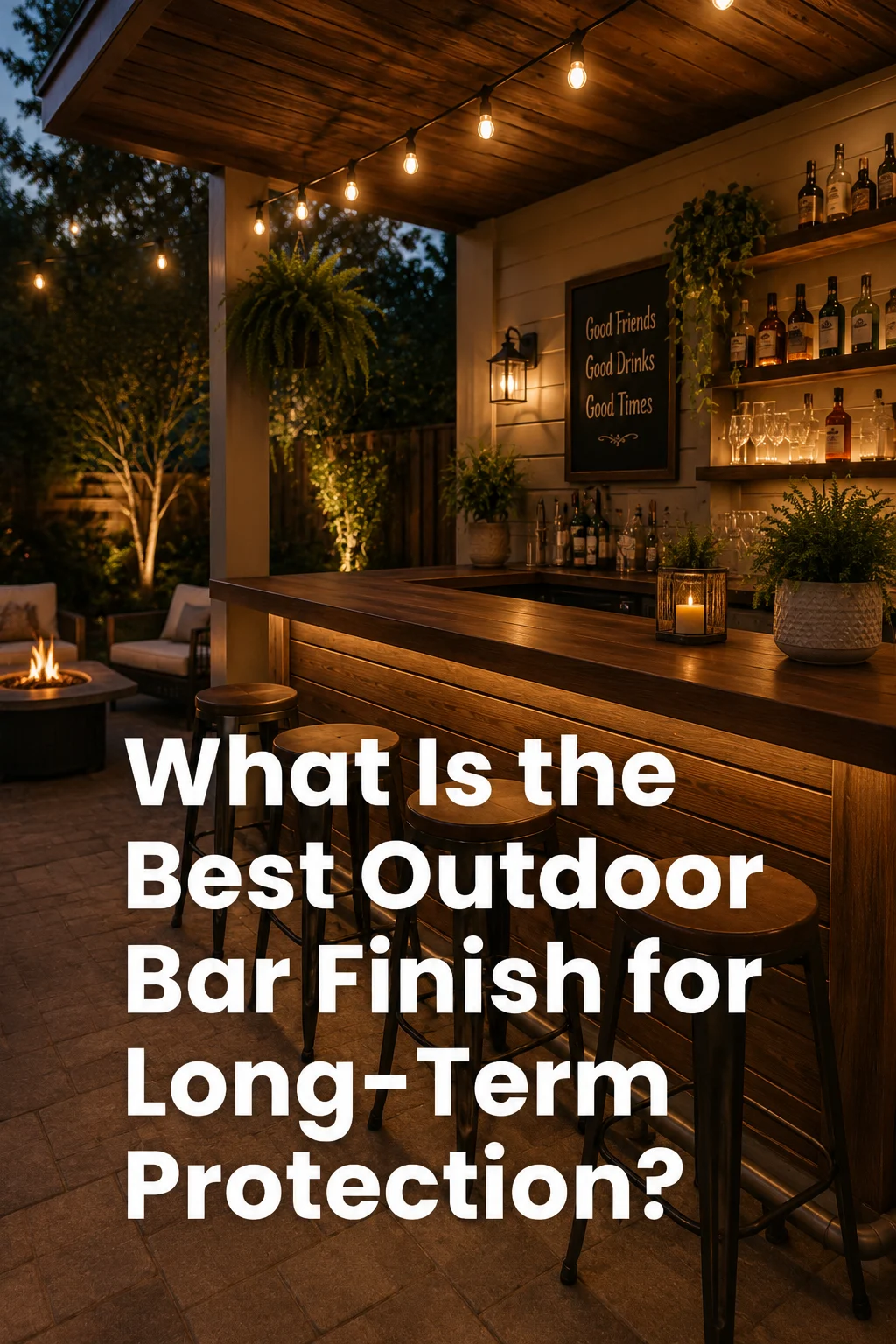 Outdoor bar finish featured image showing an illuminated outdoor bar with cozy evening lighting and modern seating.