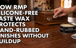 A demonstration of applying RMP silicone-free clear paste wax to a wooden box to protect its hand-rubbed finish without causing buildup.