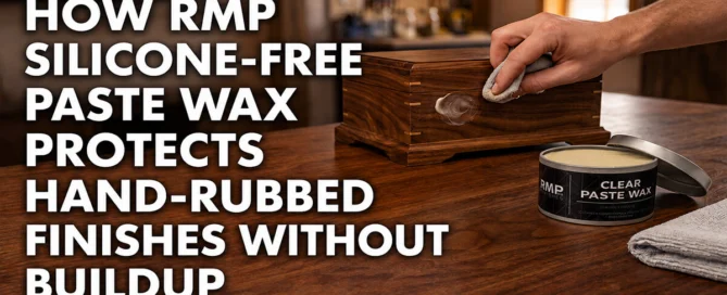 A demonstration of applying RMP silicone-free clear paste wax to a wooden box to protect its hand-rubbed finish without causing buildup.
