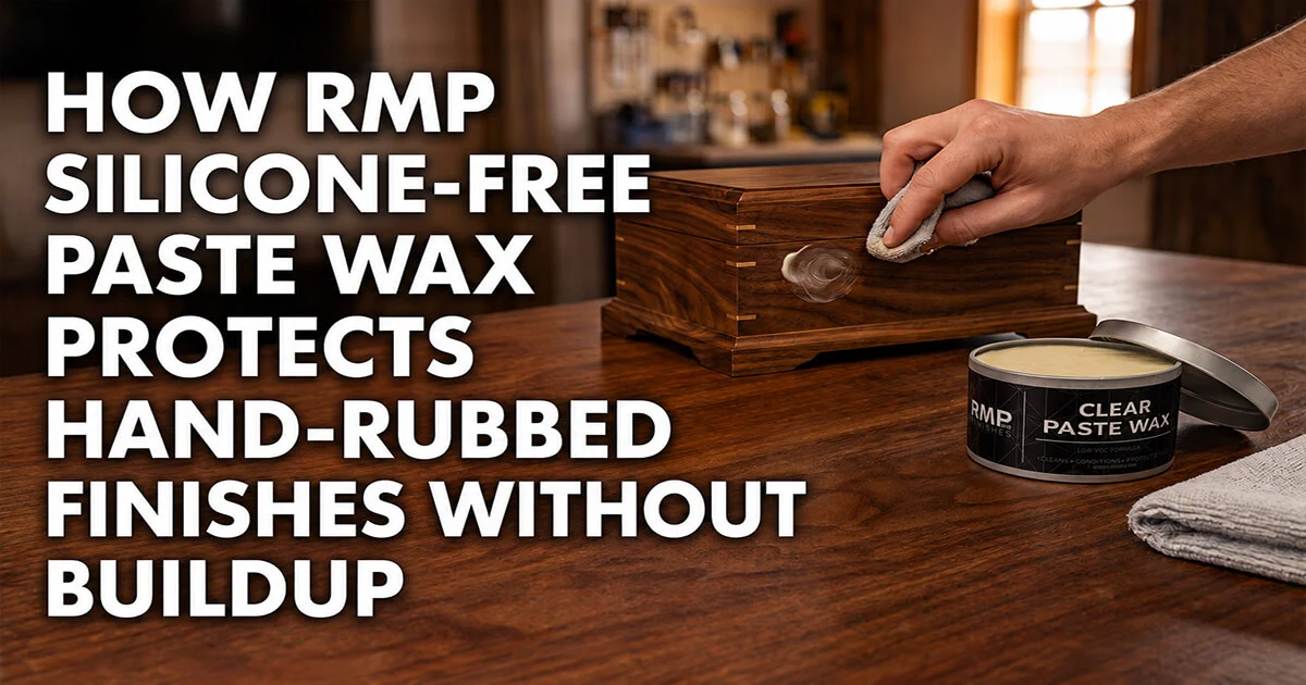 A demonstration of applying RMP silicone-free clear paste wax to a wooden box to protect its hand-rubbed finish without causing buildup.