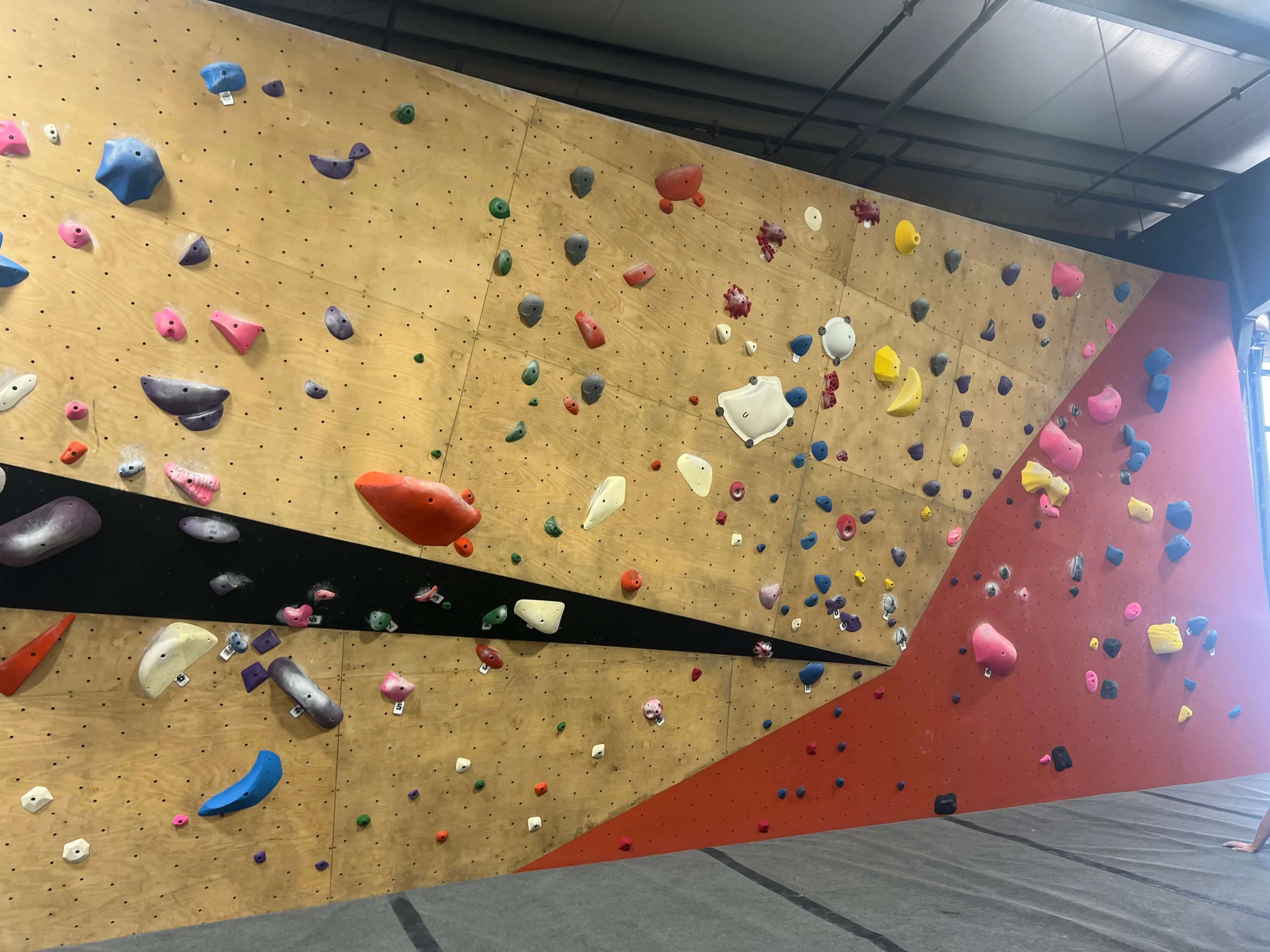 Sections of the Circuit Gym climbing wall recently refreshed with stronger color opacity and renewed surface texture.