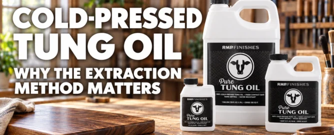 Three white bottles of RMP Finishes Pure Tung Oil in varying sizes sitting on a wooden workbench in a woodworking shop.