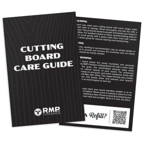 Top down view of the front and back of RMP Finishes Cutting Board Care cards detailing best practices in maintaining a cutting board.