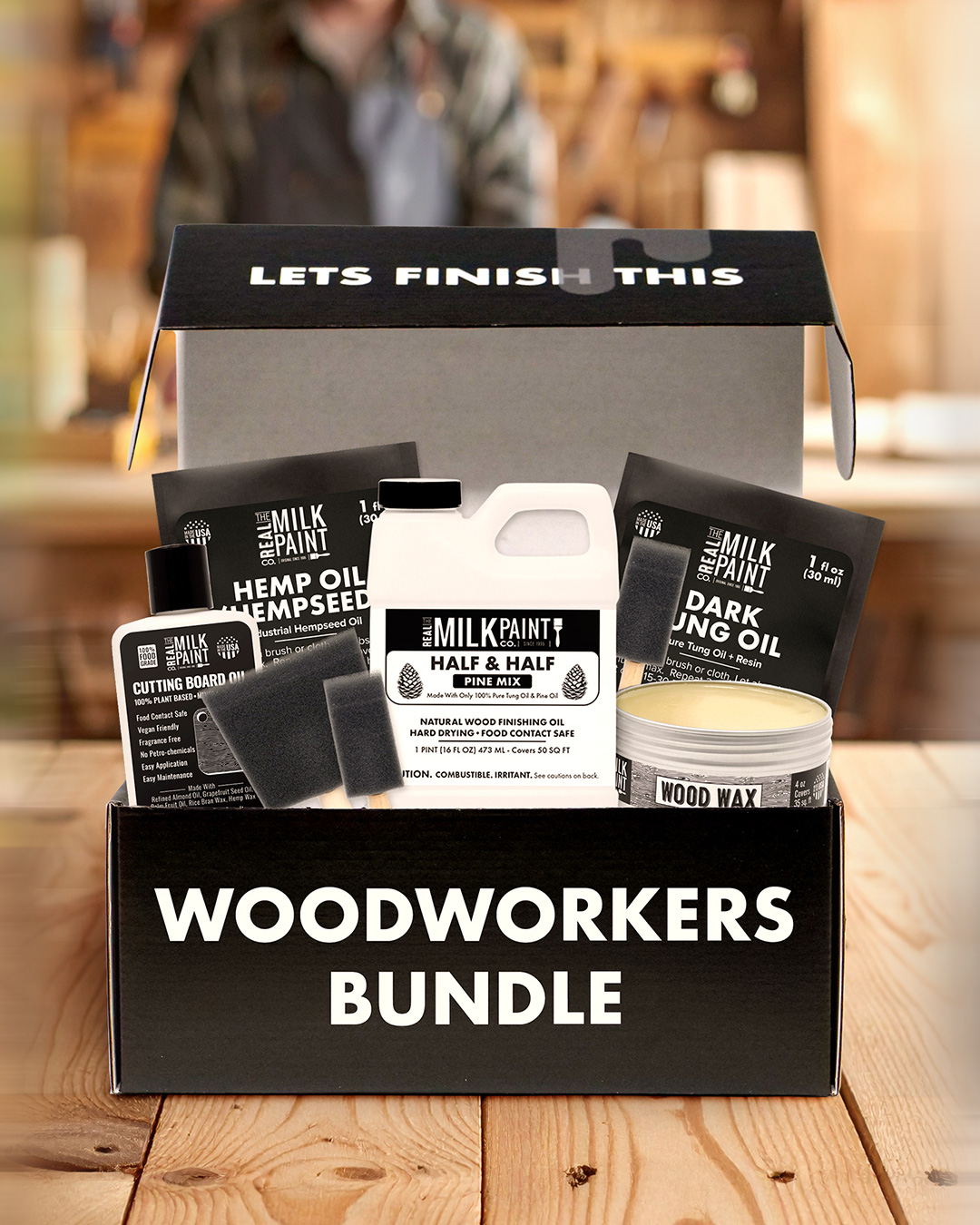 Curated Woodworker’s Gift Box featuring high-quality woodworking tools, supplies, and finishes, ideal as a gift box for woodworkers or creative makers.