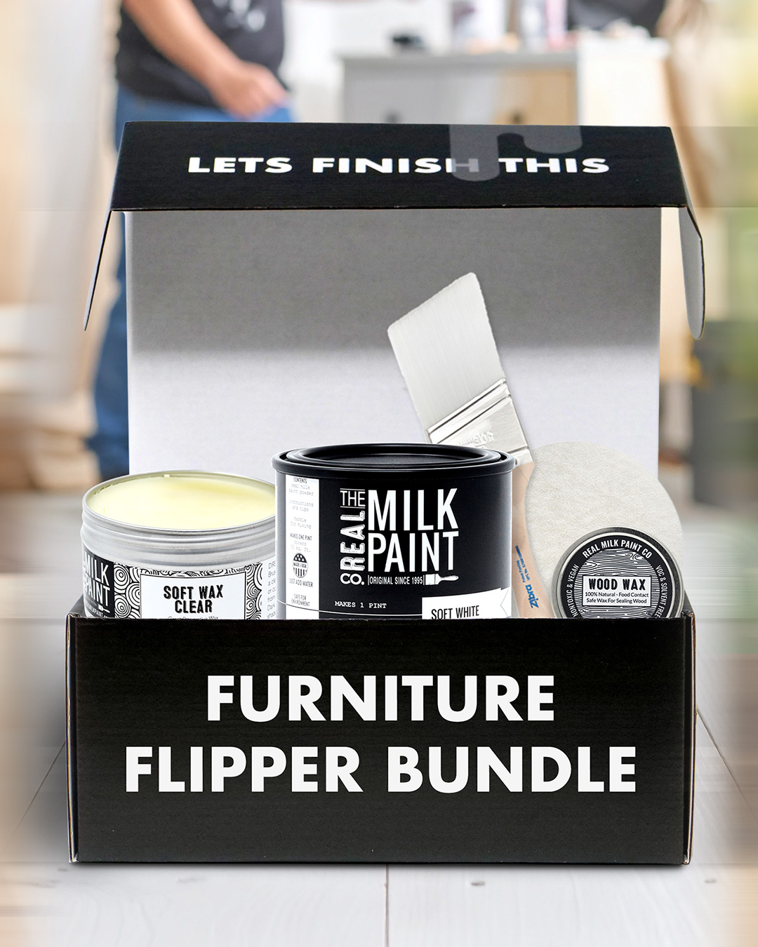 Furniture Flipper Gift Box with essential tools, finishes, and supplies for furniture restoration and DIY projects, perfect as a gift box for furniture flippers.