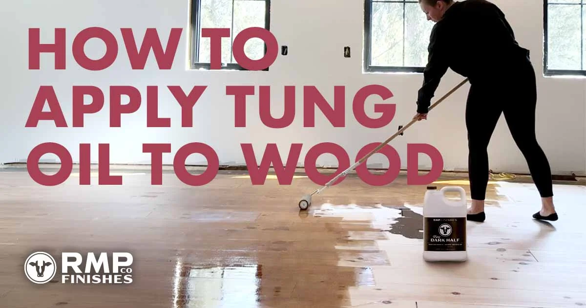 How to apply tung oil to wood showing woman applying RMP Finishes Dark Half Tung Oil to hardwood floor.