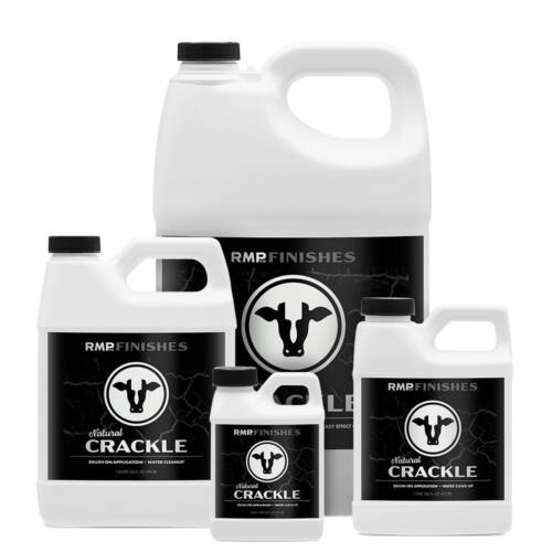 Group of bottles of RMP Finishes Natural Crackle on white background.