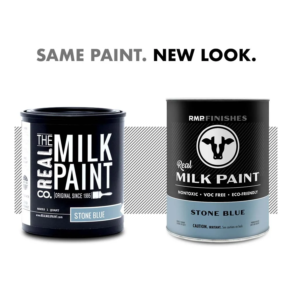 Milk paint by RMP Finishes: The new look for Real Milk Paint Co Stone Blue milk paint. Same milk paint formula, new packaging design.